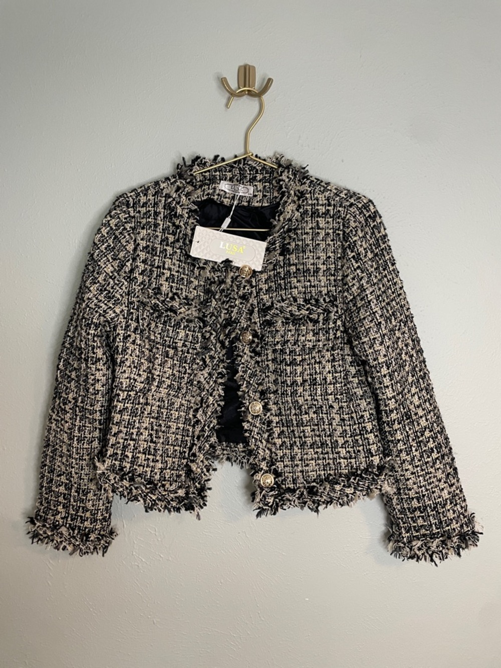 LUSA Paris Black/Cream/Gold Tweed Frayed Edge Cropped Blazer